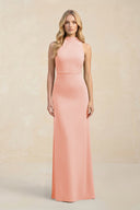 High Neck Sheath Chiffon Bridesmaid Dress With Slit in Rose Petal - KissProm Bridesmaid Dresses