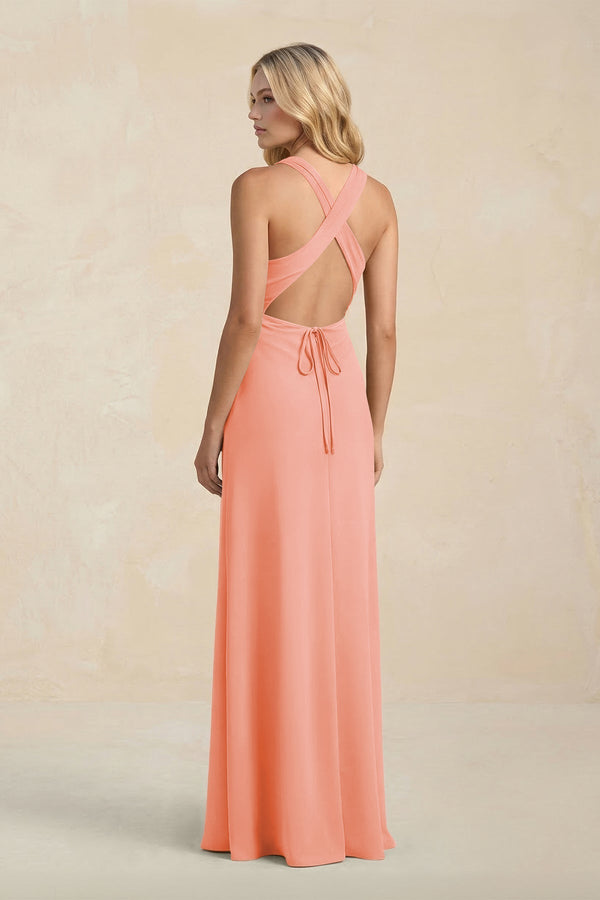 High Neck Sheath Chiffon Bridesmaid Dress With Slit in Rosette - KissProm Bridesmaid Dresses