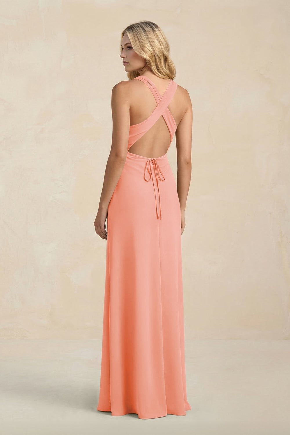 High Neck Sheath Chiffon Bridesmaid Dress With Slit in Rosette - KissProm Bridesmaid Dresses