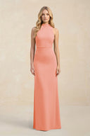 High Neck Sheath Chiffon Bridesmaid Dress With Slit in Rosette - KissProm Bridesmaid Dresses