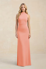 High Neck Sheath Chiffon Bridesmaid Dress With Slit in Rosette - KissProm Bridesmaid Dresses