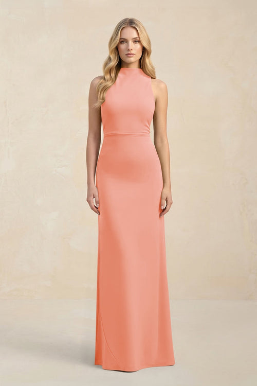 High Neck Sheath Chiffon Bridesmaid Dress With Slit in Rosette - KissProm Bridesmaid Dresses