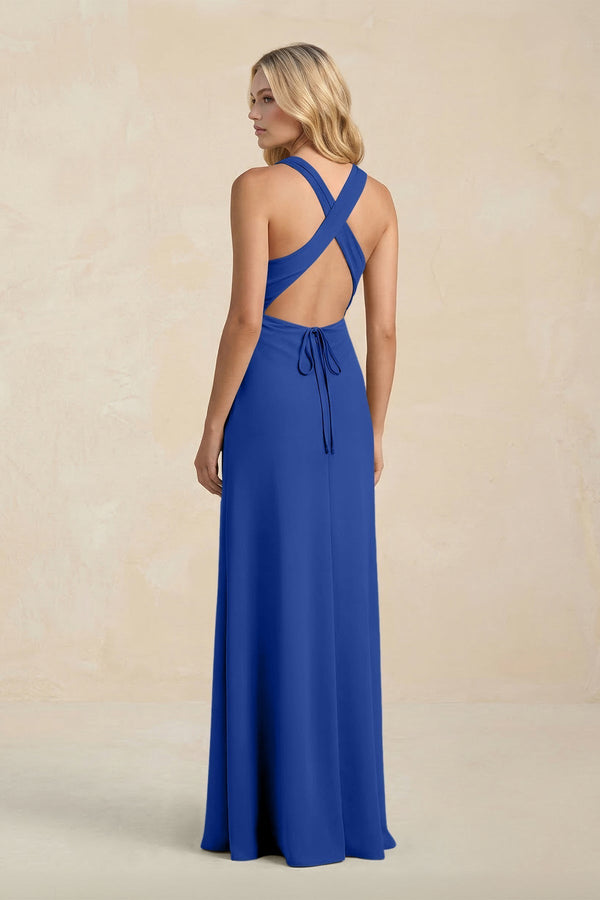 High Neck Sheath Chiffon Bridesmaid Dress With Slit in Royal Blue - KissProm Bridesmaid Dresses