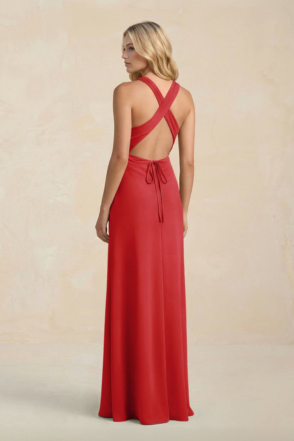 High Neck Sheath Chiffon Bridesmaid Dress With Slit in Ruby Red - KissProm Bridesmaid Dresses