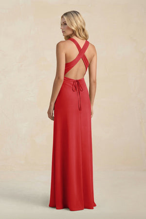 High Neck Sheath Chiffon Bridesmaid Dress With Slit in Ruby Red - KissProm Bridesmaid Dresses