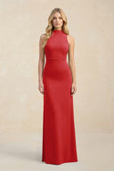 High Neck Sheath Chiffon Bridesmaid Dress With Slit in Ruby Red - KissProm Bridesmaid Dresses