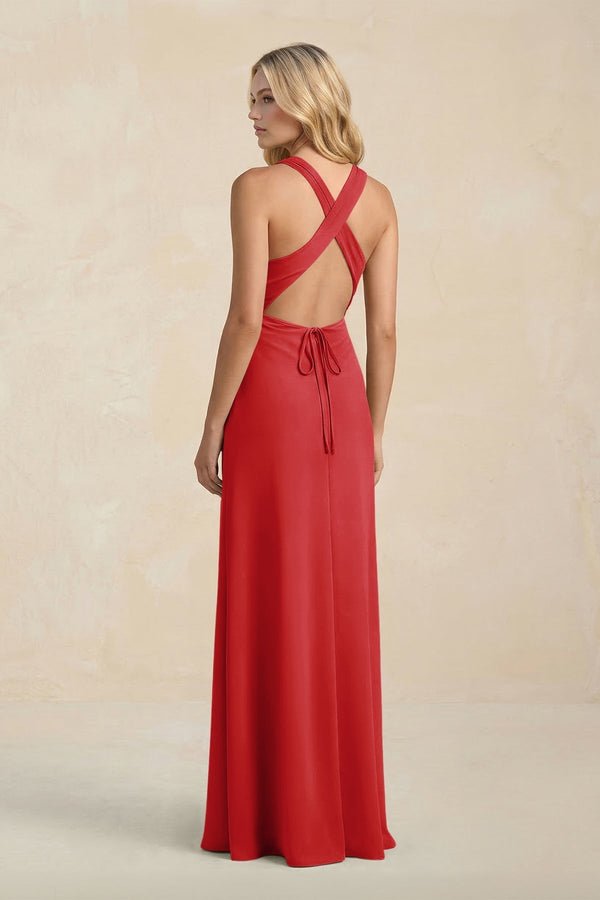High Neck Sheath Chiffon Bridesmaid Dress With Slit in Ruby Red - KissProm Bridesmaid Dresses