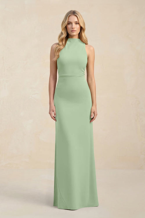 High Neck Sheath Chiffon Bridesmaid Dress With Slit in Sage - KissProm Bridesmaid Dresses