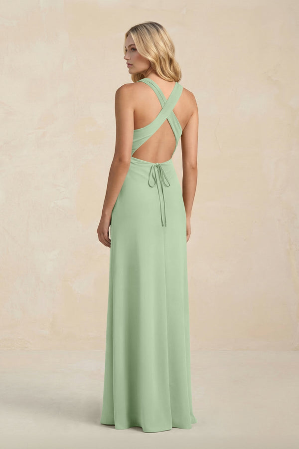High Neck Sheath Chiffon Bridesmaid Dress With Slit in Sage - KissProm Bridesmaid Dresses