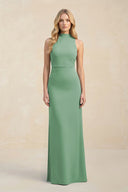 High Neck Sheath Chiffon Bridesmaid Dress With Slit in Sea Glass - KissProm Bridesmaid Dresses