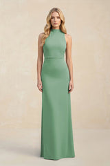 High Neck Sheath Chiffon Bridesmaid Dress With Slit in Sea Glass - KissProm Bridesmaid Dresses