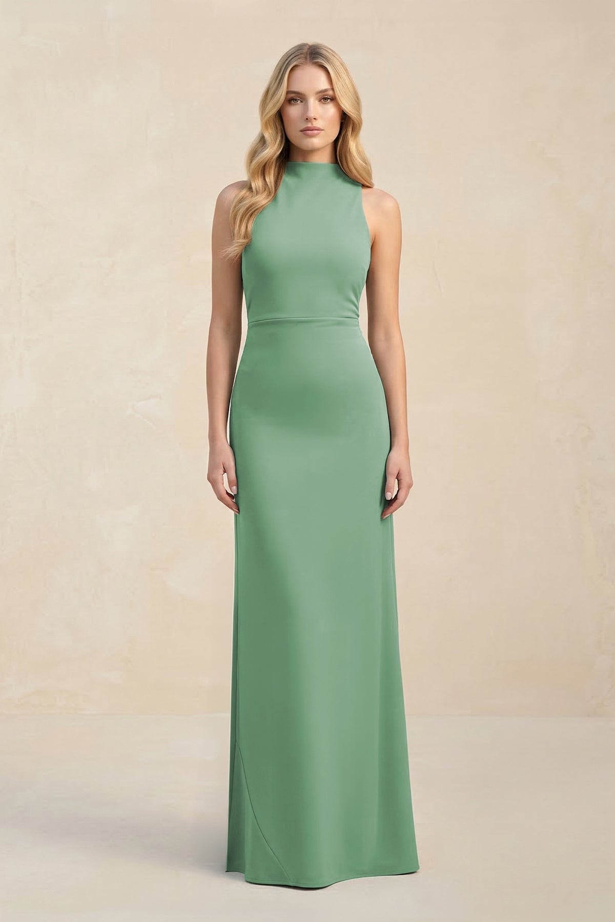 KissProm High Neck Sheath Chiffon Bridesmaid Dress With Slit in Sea Glass, Sea Glass / 20