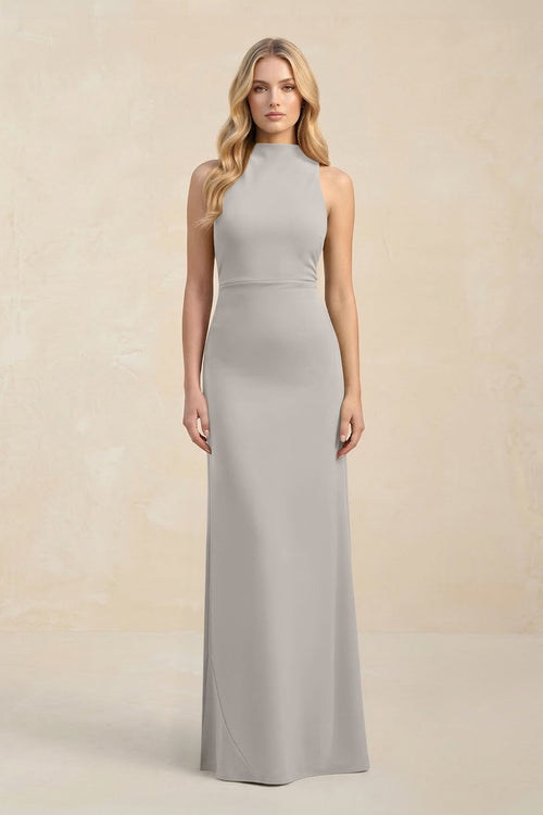 High Neck Sheath Chiffon Bridesmaid Dress With Slit in Silver - KissProm Bridesmaid Dresses