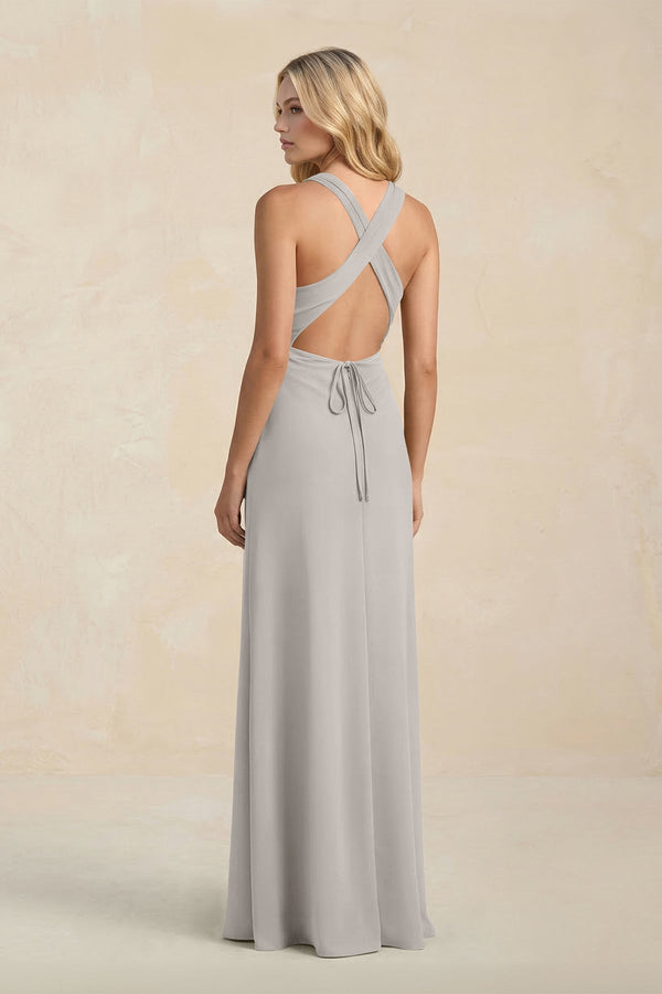 High Neck Sheath Chiffon Bridesmaid Dress With Slit in Silver - KissProm Bridesmaid Dresses