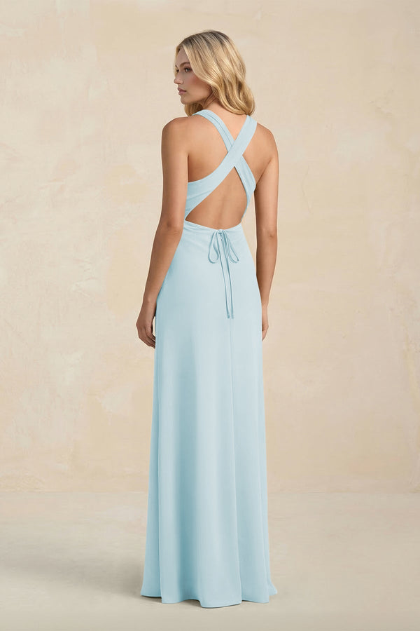 High Neck Sheath Chiffon Bridesmaid Dress With Slit in Sky Blue - KissProm Bridesmaid Dresses