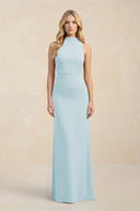High Neck Sheath Chiffon Bridesmaid Dress With Slit in Sky Blue - KissProm Bridesmaid Dresses