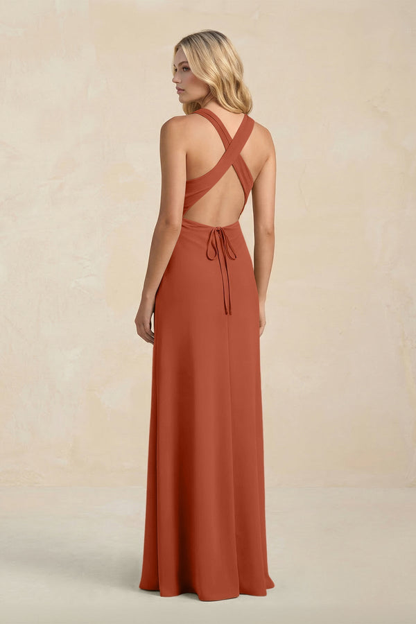 High Neck Sheath Chiffon Bridesmaid Dress With Slit in Spice - KissProm Bridesmaid Dresses