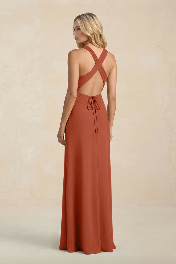 High Neck Sheath Chiffon Bridesmaid Dress With Slit in Spice - KissProm Bridesmaid Dresses