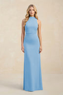 High Neck Sheath Chiffon Bridesmaid Dress With Slit in Steel Blue - KissProm Bridesmaid Dresses