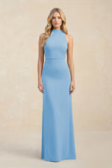 High Neck Sheath Chiffon Bridesmaid Dress With Slit in Steel Blue - KissProm Bridesmaid Dresses