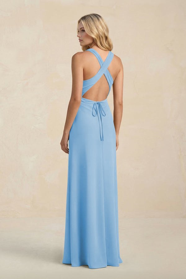 High Neck Sheath Chiffon Bridesmaid Dress With Slit in Steel Blue - KissProm Bridesmaid Dresses