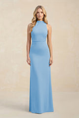 High Neck Sheath Chiffon Bridesmaid Dress With Slit in Steel Blue - KissProm Bridesmaid Dresses