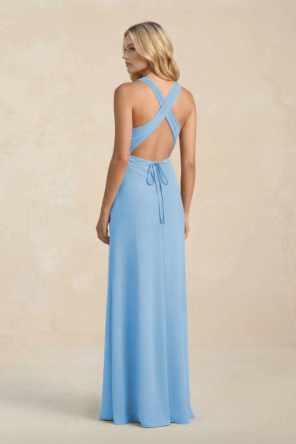 High Neck Sheath Chiffon Bridesmaid Dress With Slit in Steel Blue - KissProm Bridesmaid Dresses