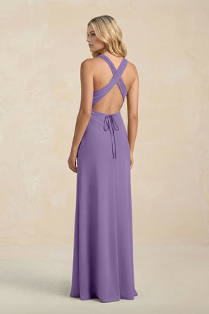 High Neck Sheath Chiffon Bridesmaid Dress With Slit in Tahiti - KissProm Bridesmaid Dresses