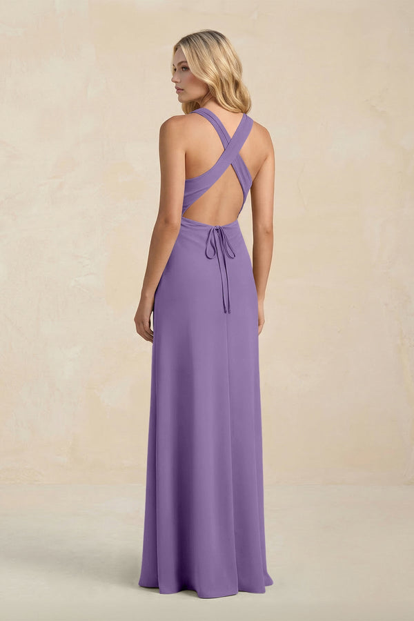 High Neck Sheath Chiffon Bridesmaid Dress With Slit in Tahiti - KissProm Bridesmaid Dresses
