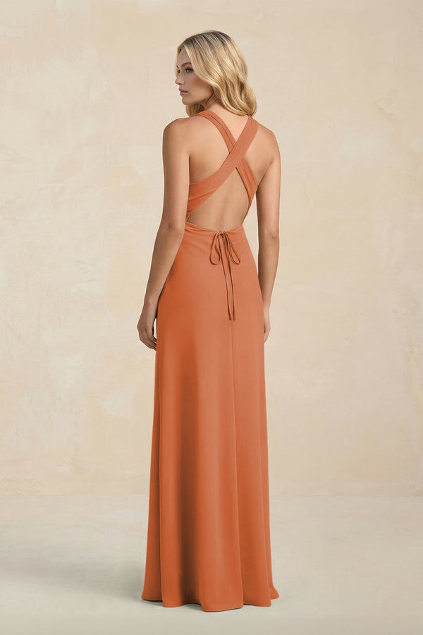 High Neck Sheath Chiffon Bridesmaid Dress With Slit in Terracotta - KissProm Bridesmaid Dresses