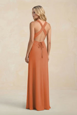 High Neck Sheath Chiffon Bridesmaid Dress With Slit in Terracotta - KissProm Bridesmaid Dresses