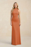 High Neck Sheath Chiffon Bridesmaid Dress With Slit in Terracotta - KissProm Bridesmaid Dresses