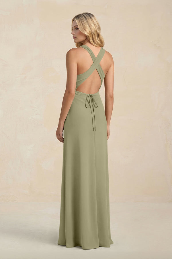 High Neck Sheath Chiffon Bridesmaid Dress With Slit in Thyme - KissProm Bridesmaid Dresses