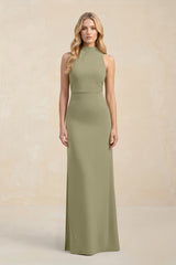 High Neck Sheath Chiffon Bridesmaid Dress With Slit in Thyme - KissProm Bridesmaid Dresses