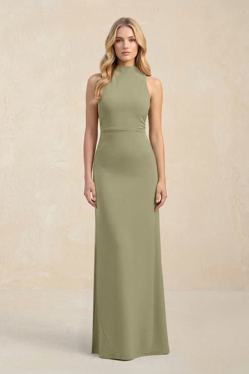 High Neck Sheath Chiffon Bridesmaid Dress With Slit in Thyme - KissProm Bridesmaid Dresses