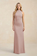 High Neck Sheath Chiffon Bridesmaid Dress With Slit in Toffee - KissProm Bridesmaid Dresses