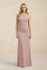 High Neck Sheath Chiffon Bridesmaid Dress With Slit in Toffee - KissProm Bridesmaid Dresses