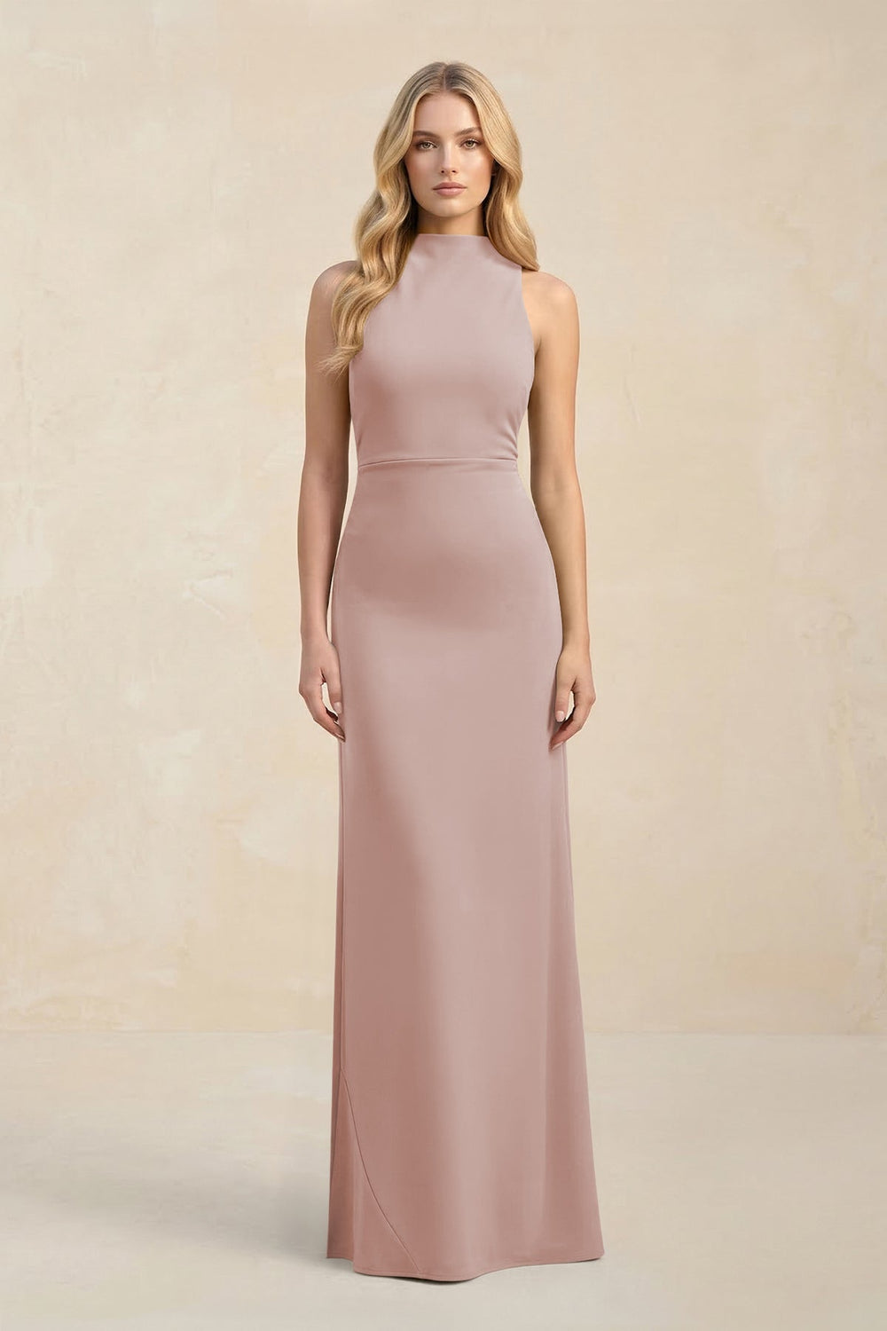 High Neck Sheath Chiffon Bridesmaid Dress With Slit in Toffee - KissProm Bridesmaid Dresses