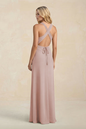 High Neck Sheath Chiffon Bridesmaid Dress With Slit in Toffee - KissProm Bridesmaid Dresses