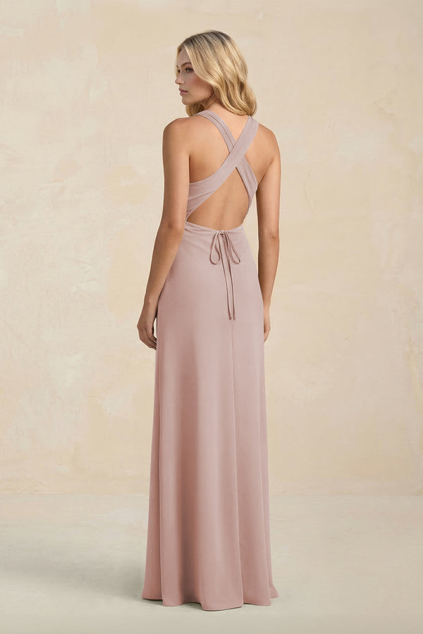 High Neck Sheath Chiffon Bridesmaid Dress With Slit in Toffee - KissProm Bridesmaid Dresses