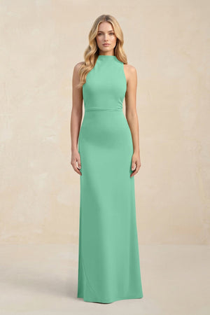 High Neck Sheath Chiffon Bridesmaid Dress With Slit in Turquoise - KissProm Bridesmaid Dresses