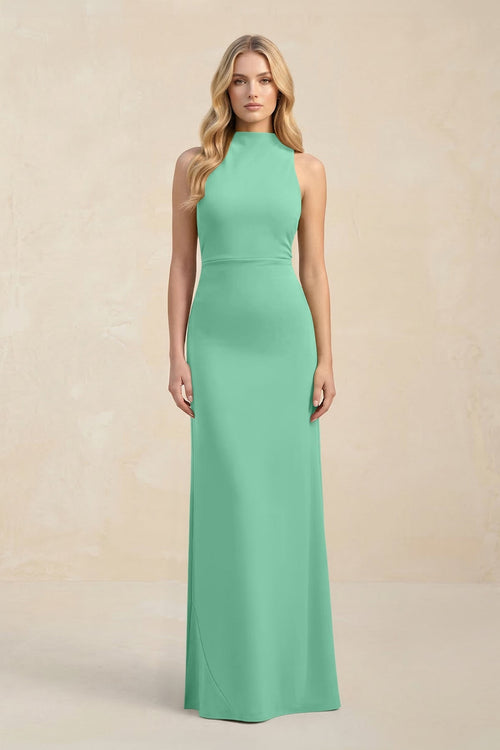 High Neck Sheath Chiffon Bridesmaid Dress With Slit in Turquoise - KissProm Bridesmaid Dresses