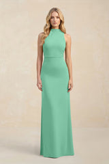 High Neck Sheath Chiffon Bridesmaid Dress With Slit in Turquoise - KissProm Bridesmaid Dresses