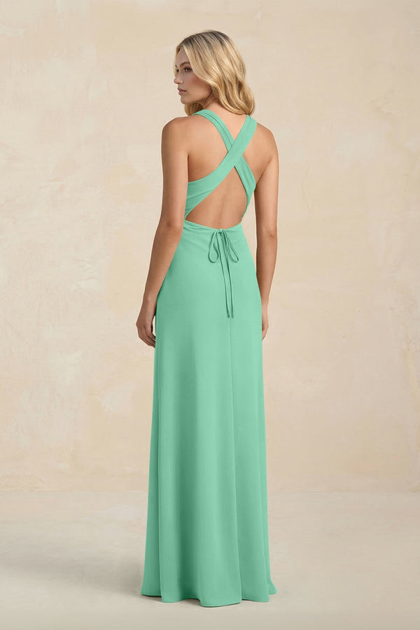 High Neck Sheath Chiffon Bridesmaid Dress With Slit in Turquoise - KissProm Bridesmaid Dresses