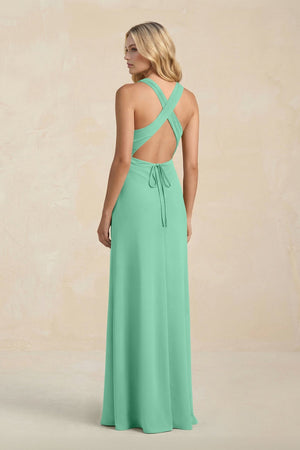 High Neck Sheath Chiffon Bridesmaid Dress With Slit in Turquoise - KissProm Bridesmaid Dresses