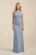 High Neck Sheath Chiffon Bridesmaid Dress With Slit in Twilight - KissProm Bridesmaid Dresses