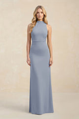 High Neck Sheath Chiffon Bridesmaid Dress With Slit in Twilight - KissProm Bridesmaid Dresses