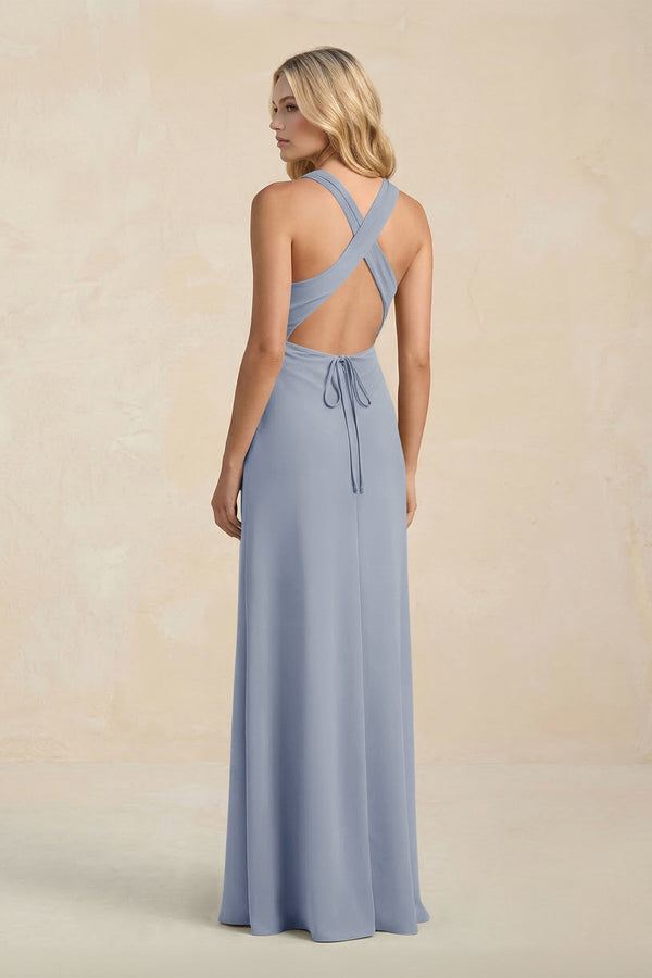 High Neck Sheath Chiffon Bridesmaid Dress With Slit in Twilight - KissProm Bridesmaid Dresses