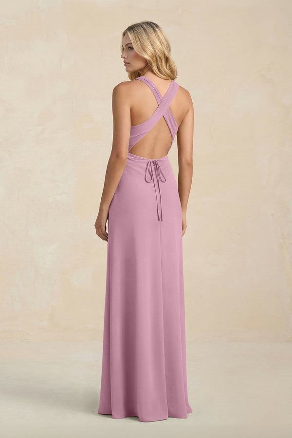 High Neck Sheath Chiffon Bridesmaid Dress With Slit in Vintage Mauve - KissProm Bridesmaid Dresses