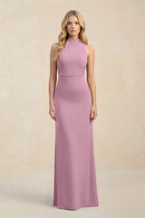 High Neck Sheath Chiffon Bridesmaid Dress With Slit in Vintage Mauve - KissProm Bridesmaid Dresses